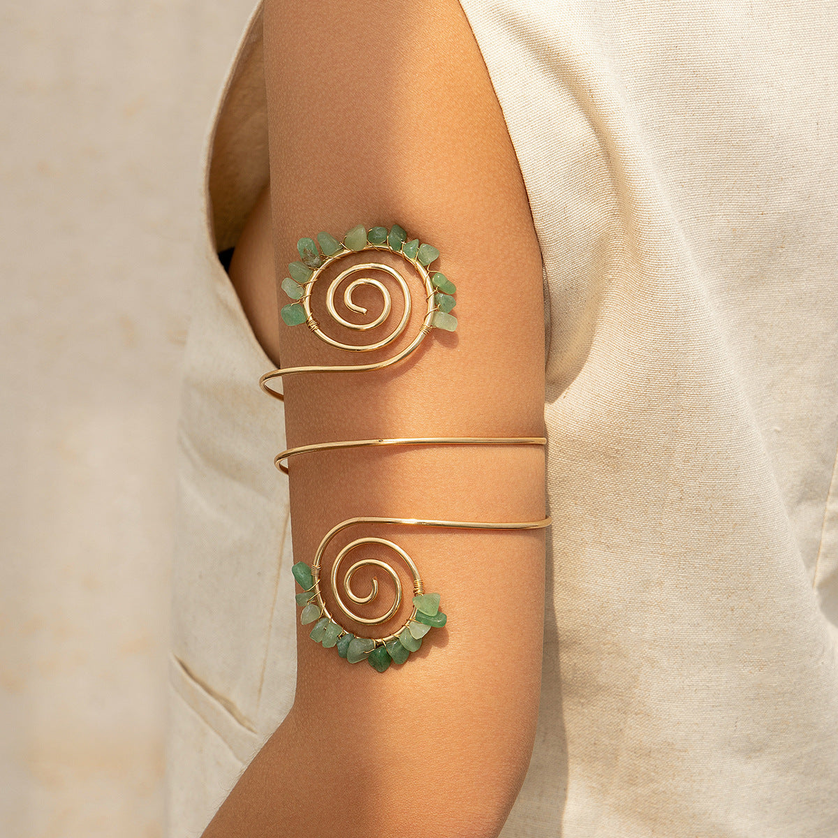 🌀 Arm Chain + Tribal Spiral Stone Beaded Arm Cuff – Retro Boho Design