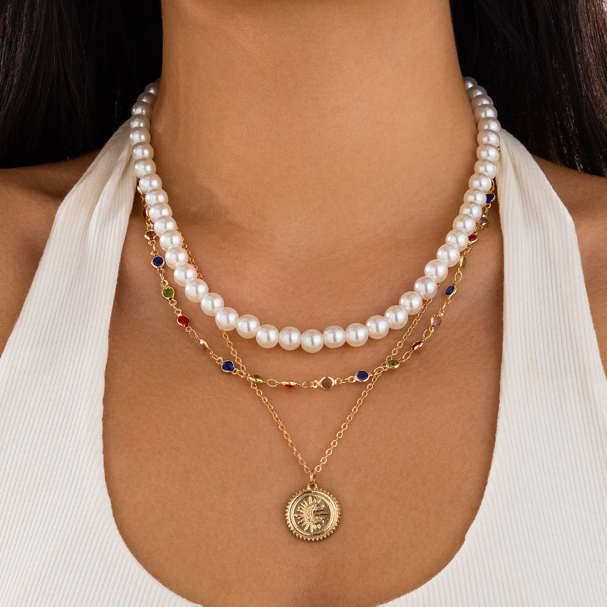 ✨ Necklace + Layered Pearl Crystal Necklace – Minimalist Disc Pendant