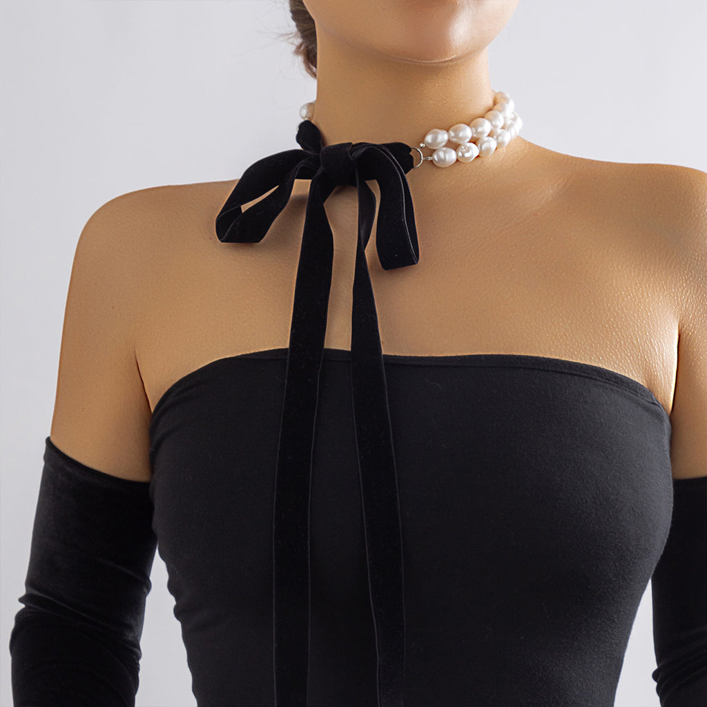 🎀 Necklace + Velvet Ribbon Pearl Necklace – DIY Bow Tie Style
