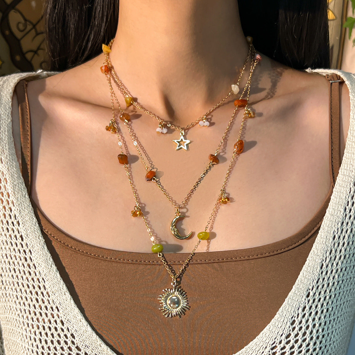 🪨 Necklace Set + Stone Bead Tassel Layered Necklace – Boho Chic Style