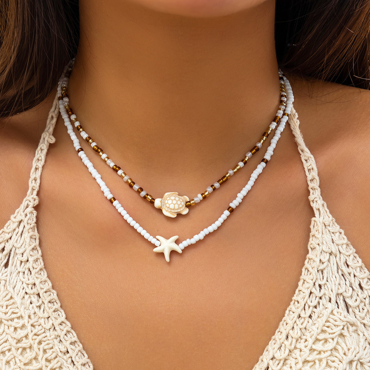🌊 Necklace + Beaded Starfish & Shell Necklace – Coastal Beach Style