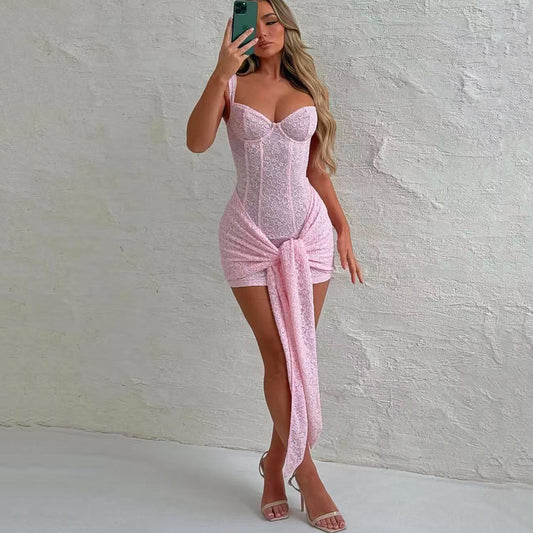 🖤 Spicy｜Deep V Lace Tie-Up Boned Slim Fit Bodycon Dress