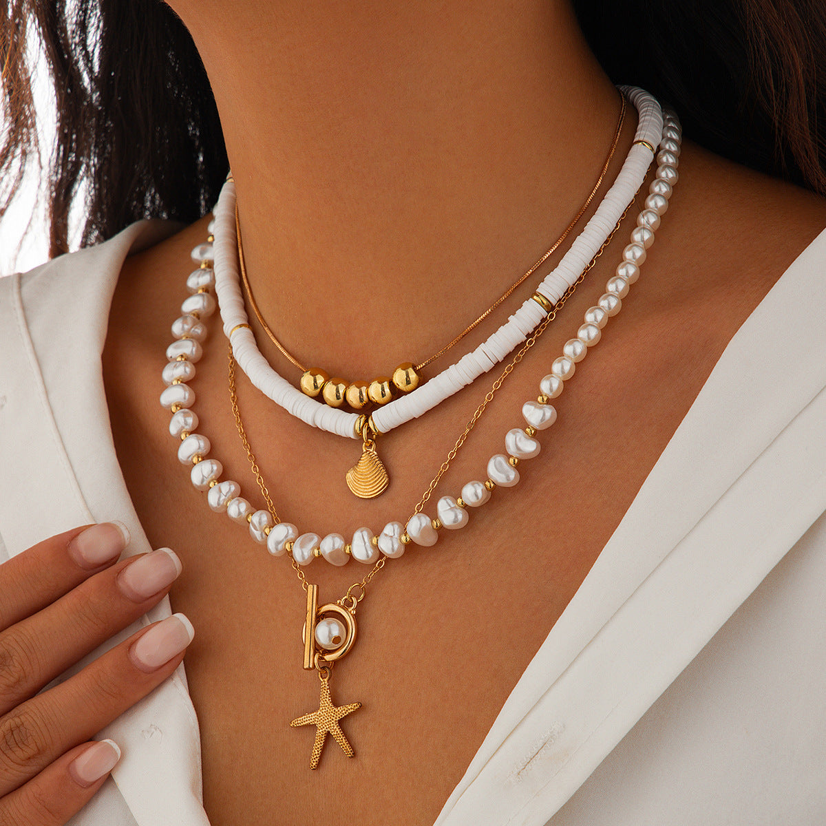 🌟 Necklace Set + Starfish Pearl Irregular Pendant Necklace – Ocean Layers