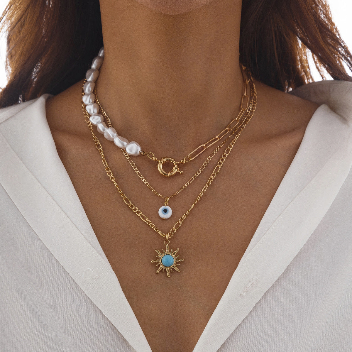 🐚 Necklace + Tribal Pearl Necklace With Sun Eye Pendant – Ethnic Style
