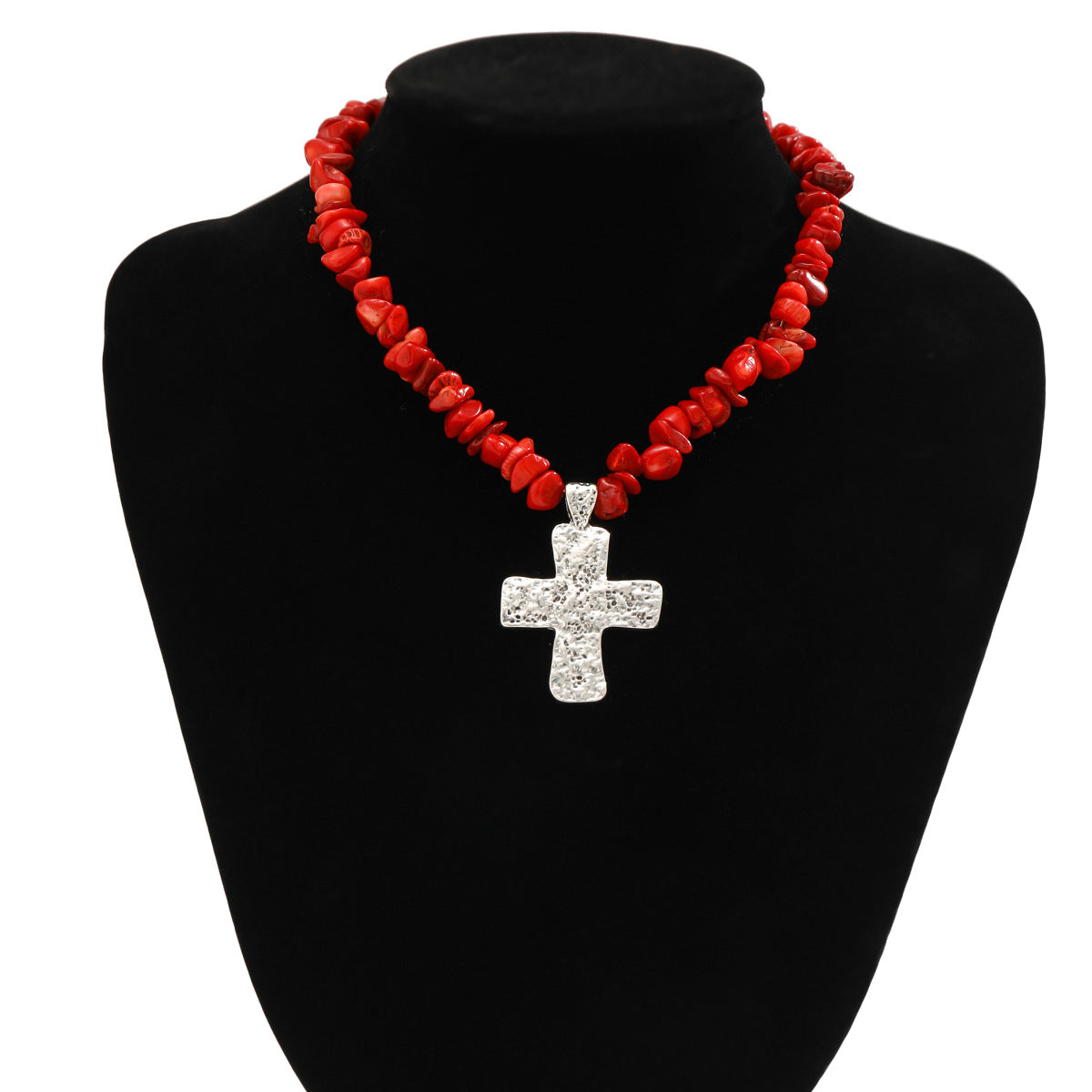 🌿 Necklace + Beaded Turquoise & Stone Cross Pendant Necklace