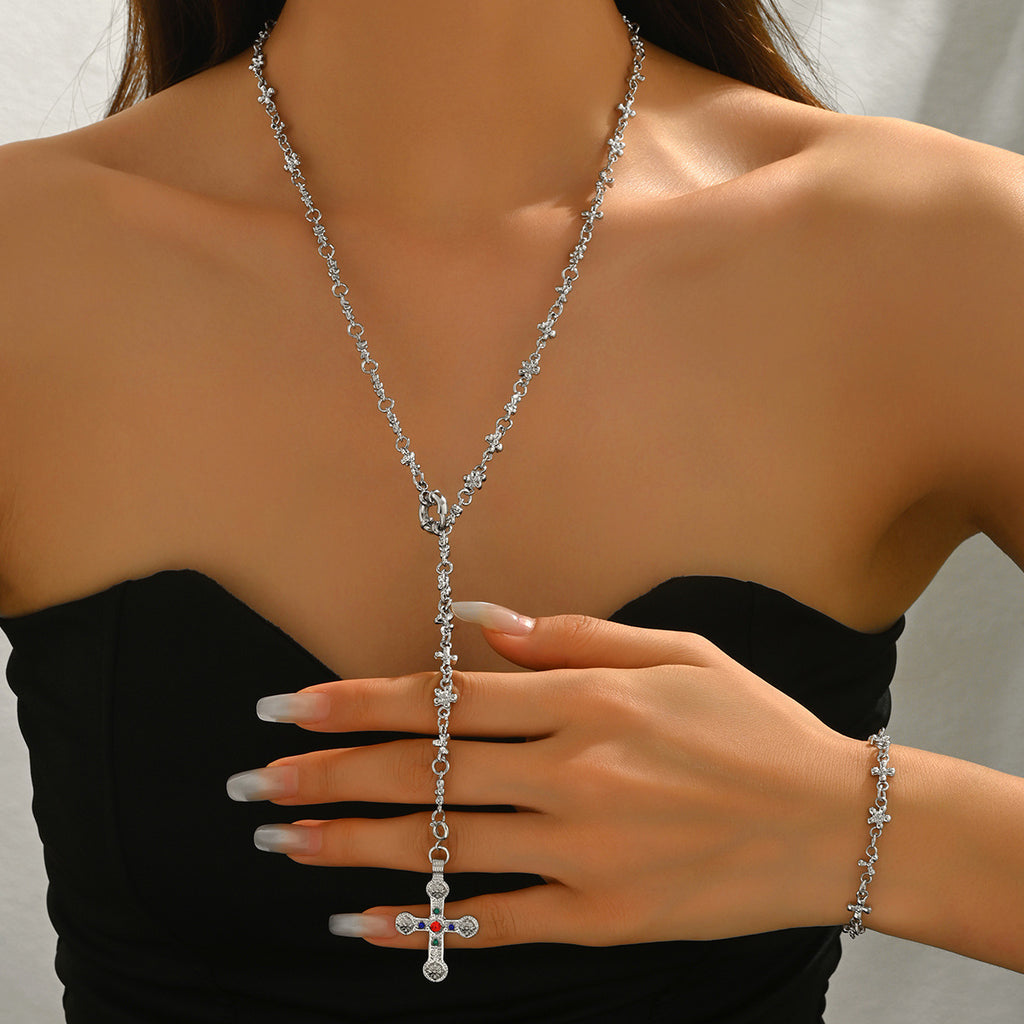 ✝️ Necklace Set + Rhinestone Cross Pendant Necklace – Alloy Chain Set