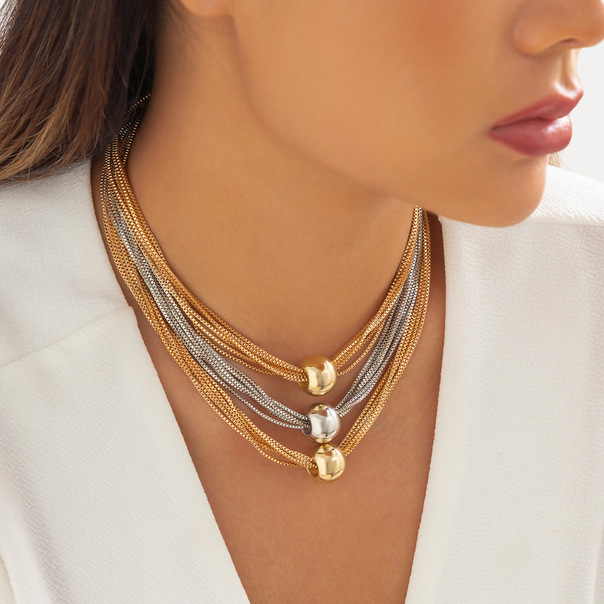🧩 Choker + Multi-Layer Punk Chain Necklace – Geometric Round Beads