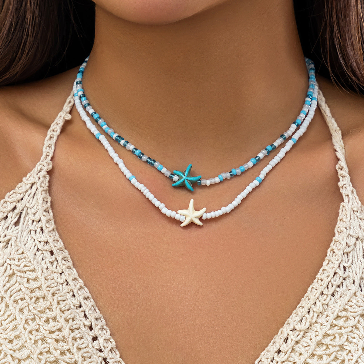 🌊 Necklace + Beaded Starfish & Shell Necklace – Coastal Beach Style
