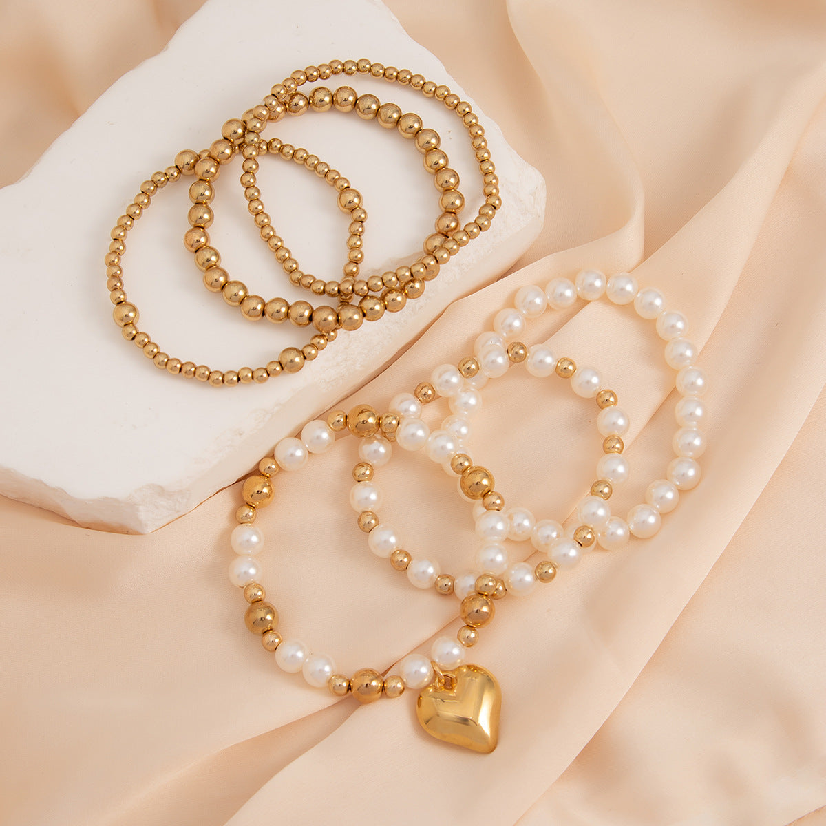 💝 Bracelet Set + Pearl Bead Bracelet With Hollow Heart Charm – Sweet Style