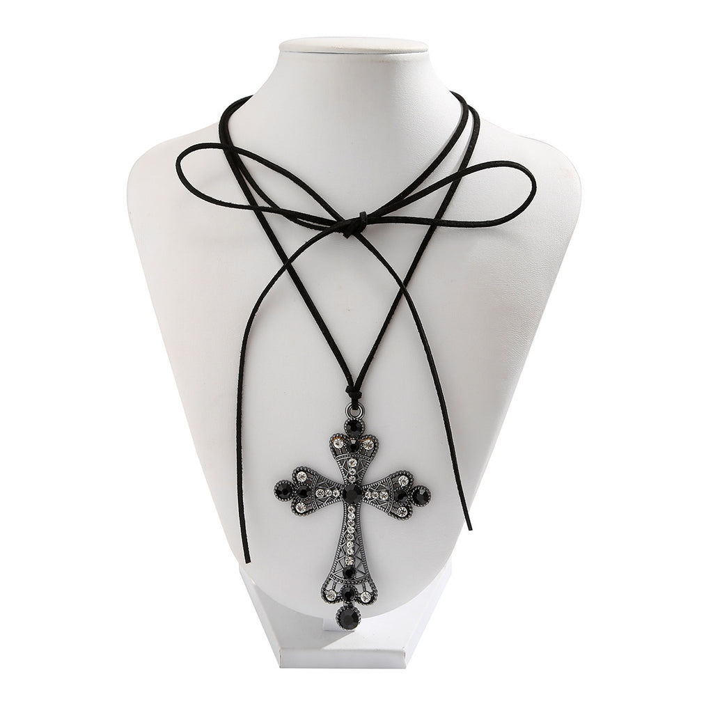 🦇 Choker + Gothic Cross Rhinestone Tie Necklace – Sweetpunk Style