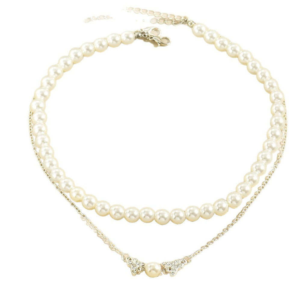 🦋 Necklace + Double-Layer Pearl Necklace With Rhinestone Butterfly Pendant