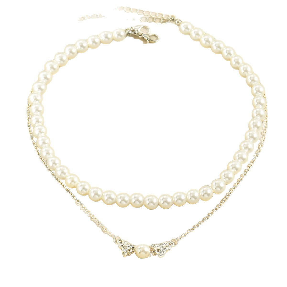 🦋 Necklace + Double-Layer Pearl Necklace With Rhinestone Butterfly Pendant