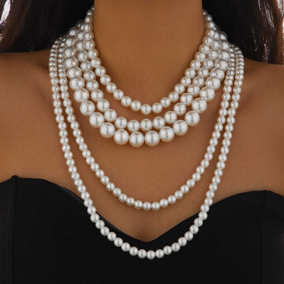 ⚪ Choker + Multi-Layer Baroque Pearl Necklace – Long Statement Piece