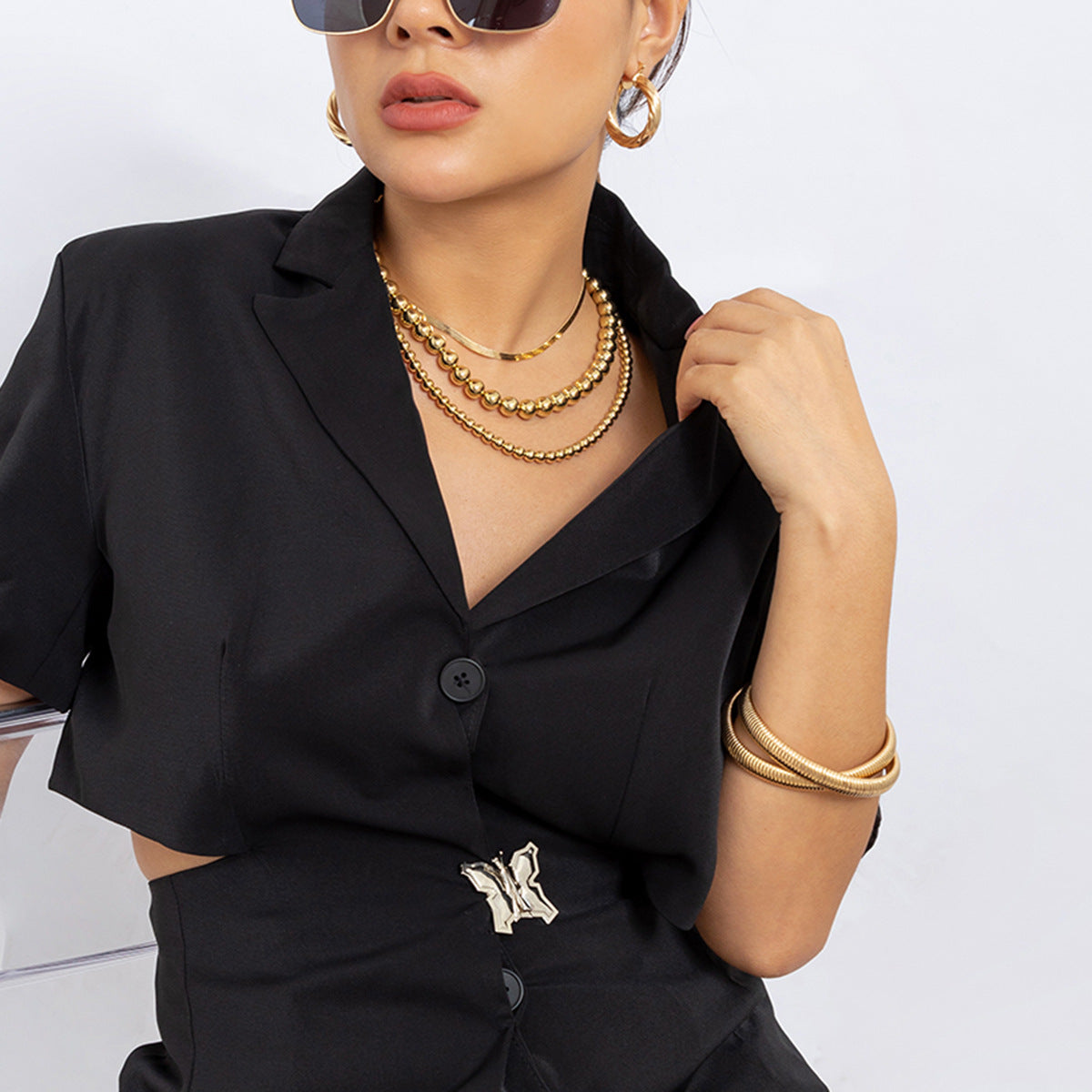 ⚙️ Necklace + Flat Snake Chain Punk Collar – Beaded Layered Style