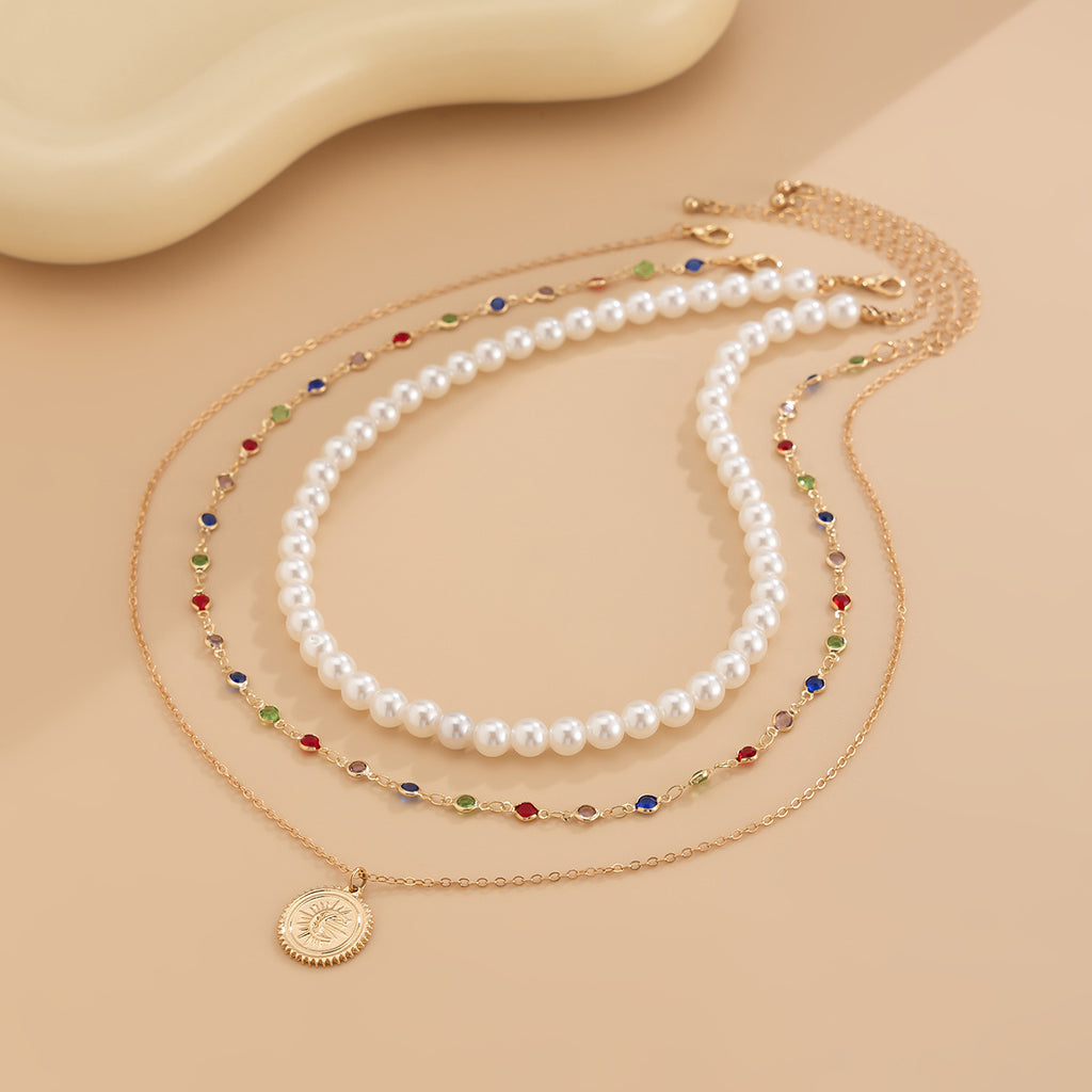 ✨ Necklace + Layered Pearl Crystal Necklace – Minimalist Disc Pendant