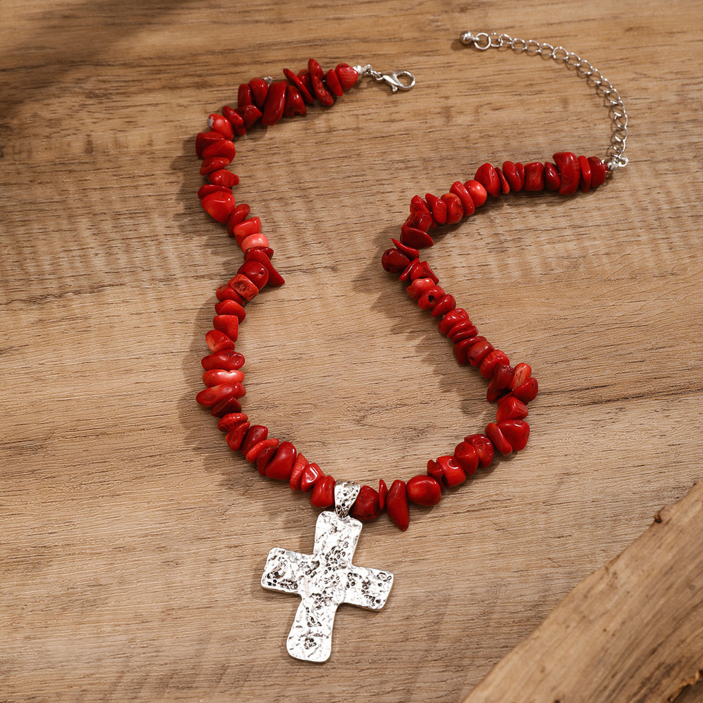 🌿 Necklace + Beaded Turquoise & Stone Cross Pendant Necklace