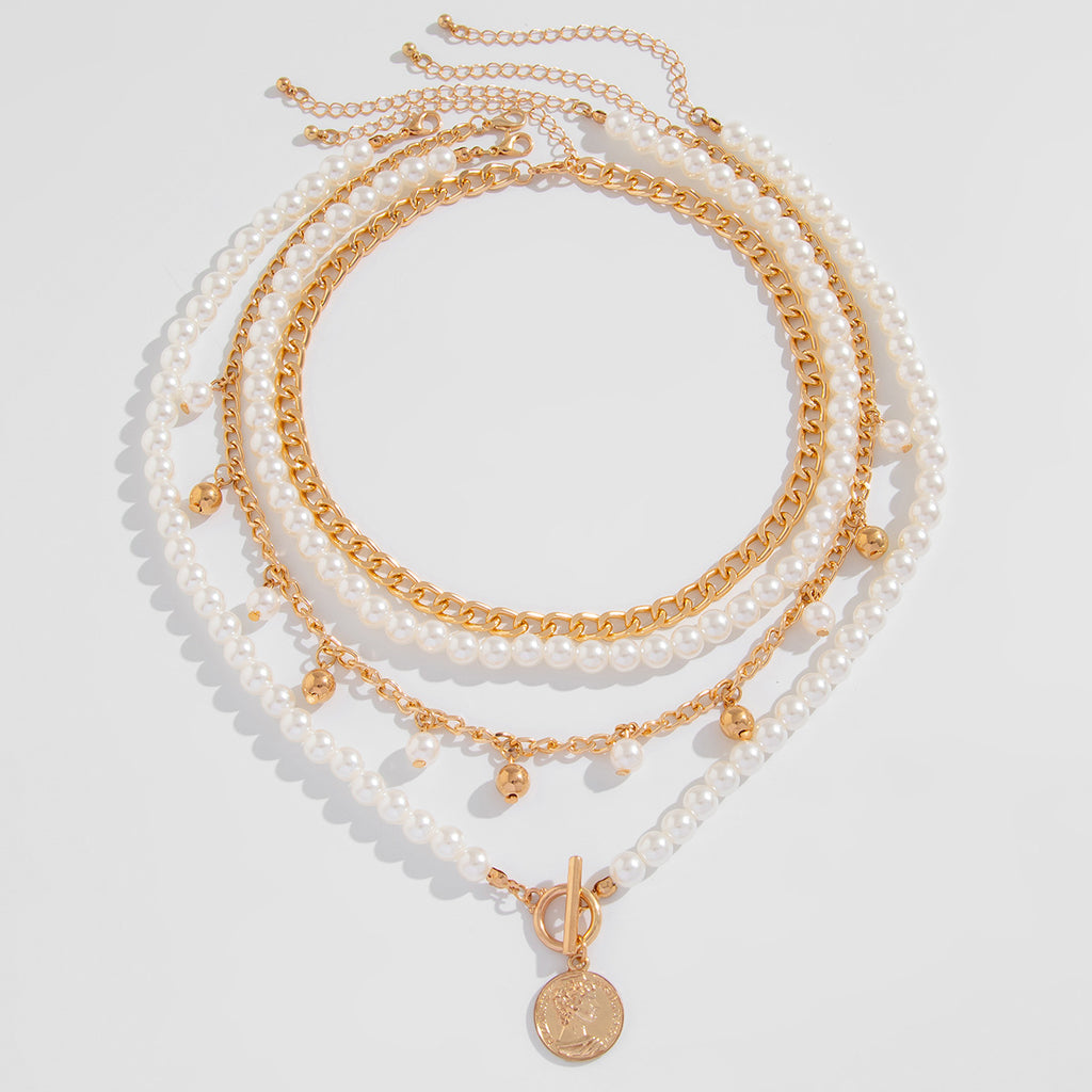 ⚪ Necklace + Elegant Pearl Beaded Necklace – Aluminum Chain Multi-Layer Look