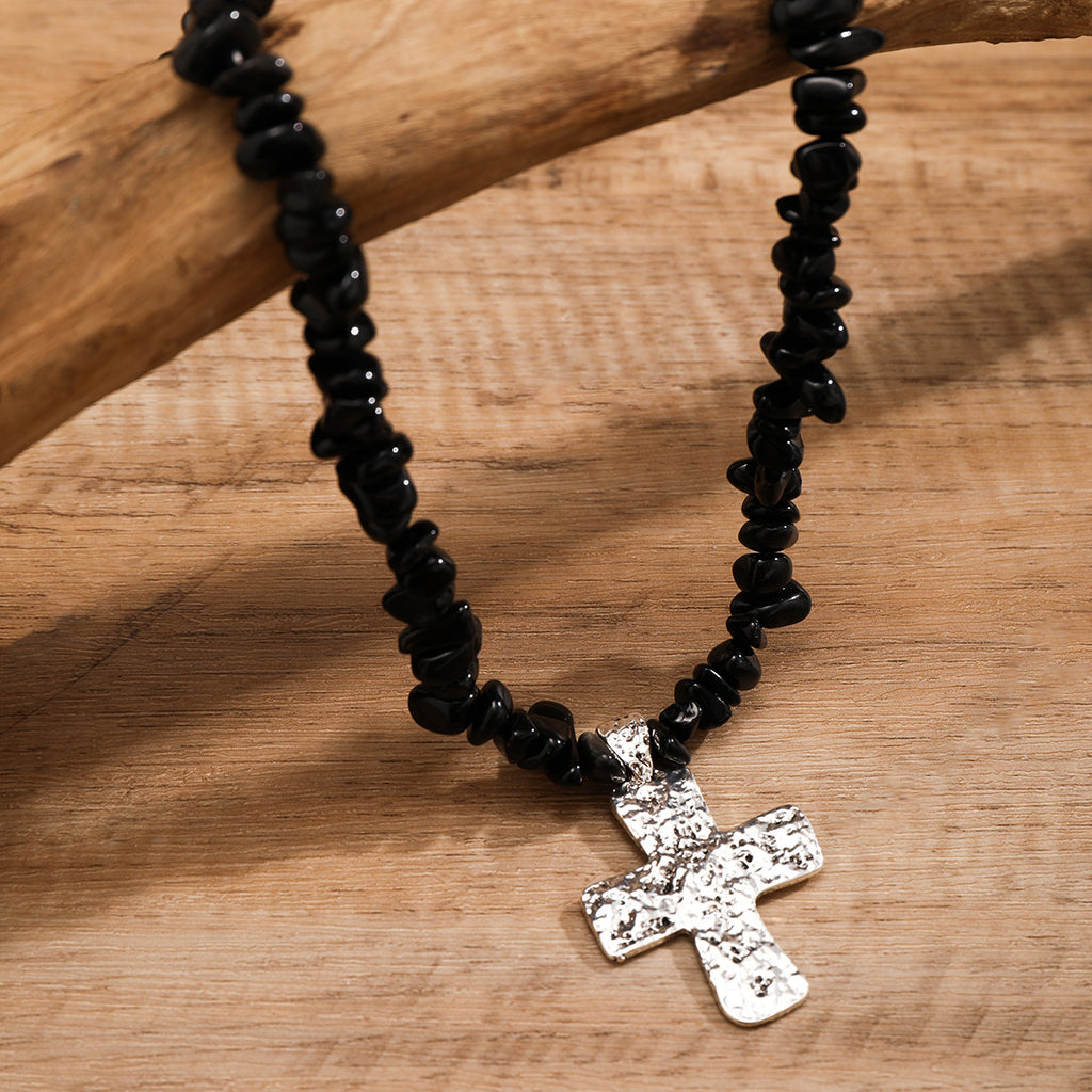 🌿 Necklace + Beaded Turquoise & Stone Cross Pendant Necklace