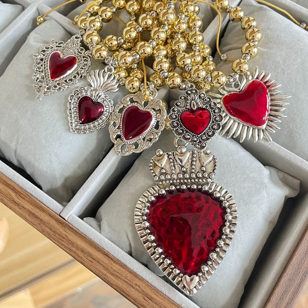 ❤️ Bracelet + Red Beaded Silver Enamel Heart Charm