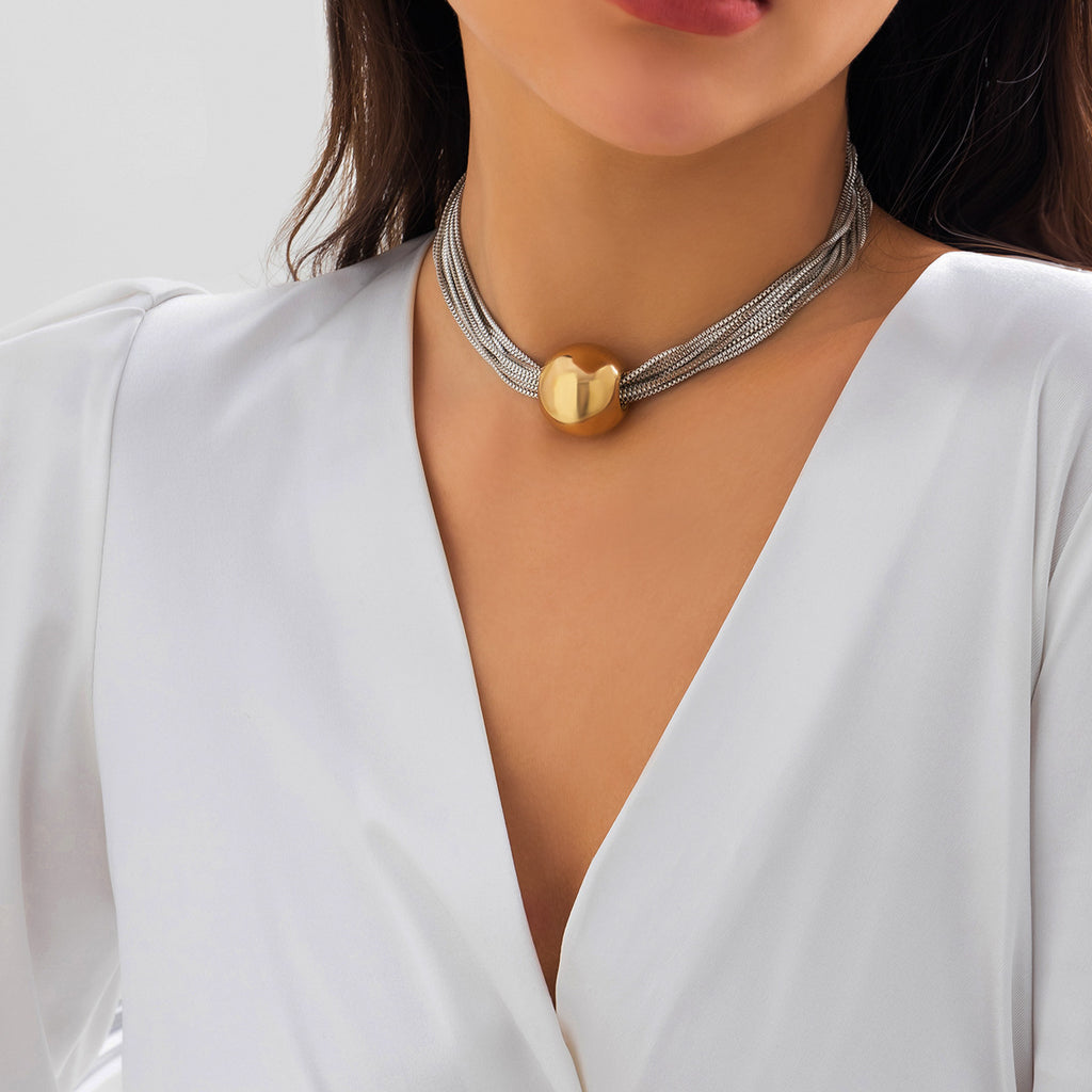 🧩 Choker + Multi-Layer Punk Chain Necklace – Geometric Round Beads