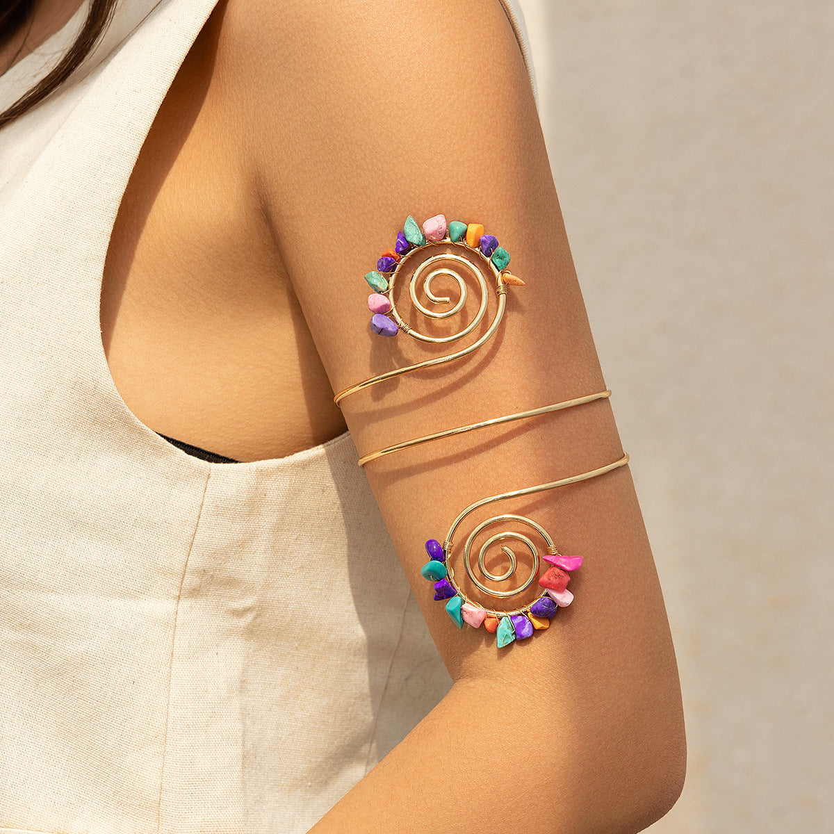 🌀 Arm Chain + Tribal Spiral Stone Beaded Arm Cuff – Retro Boho Design