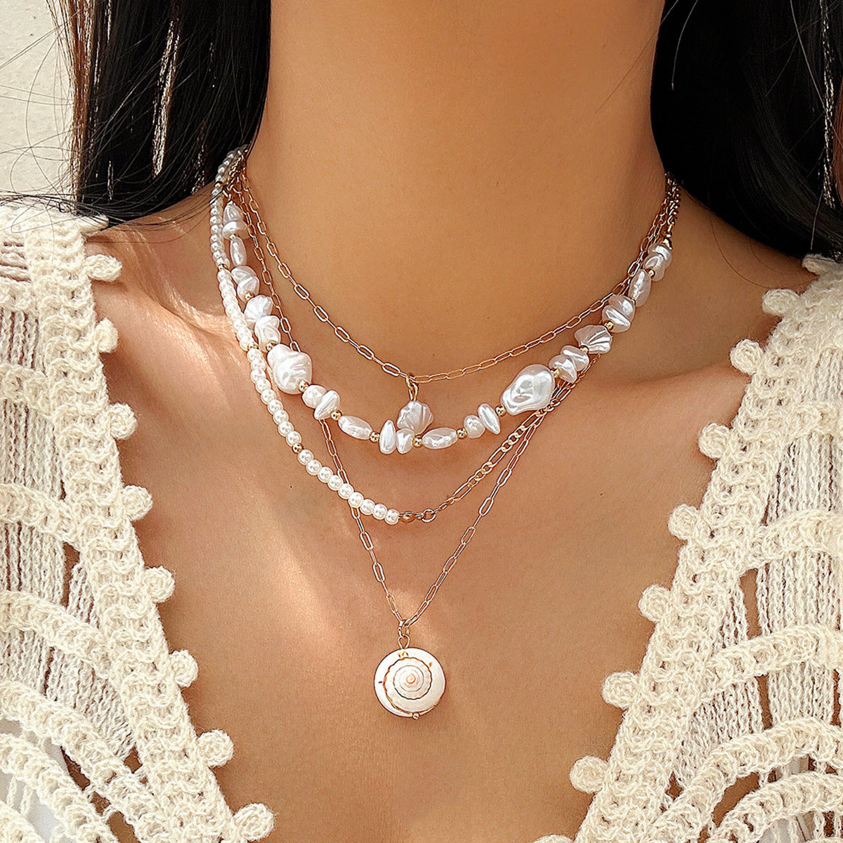 🌊 Necklace + Beaded Shell Pearl Necklace – Baroque Stone Accent