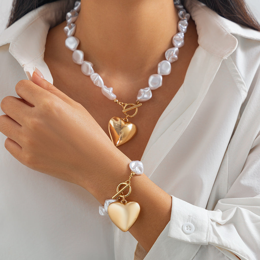 💘 Necklace Set + Hollow Heart Pearl Bead Layered Necklace