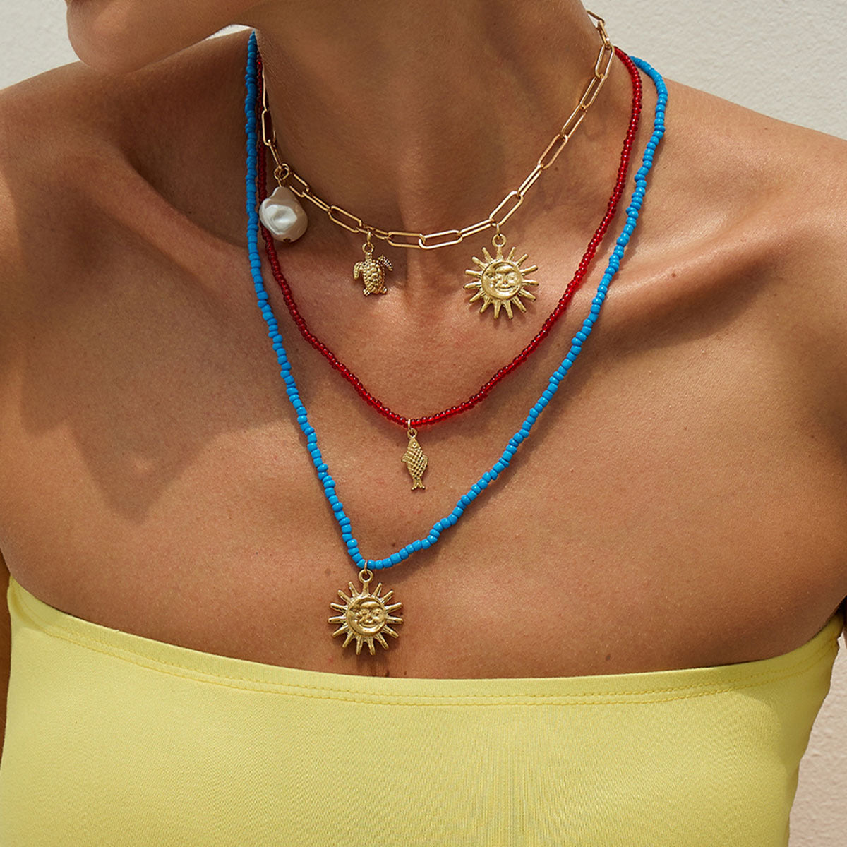 🌞 Necklace + Sunflower Multi-Layer Pearl Shell Necklace – Boho Summer