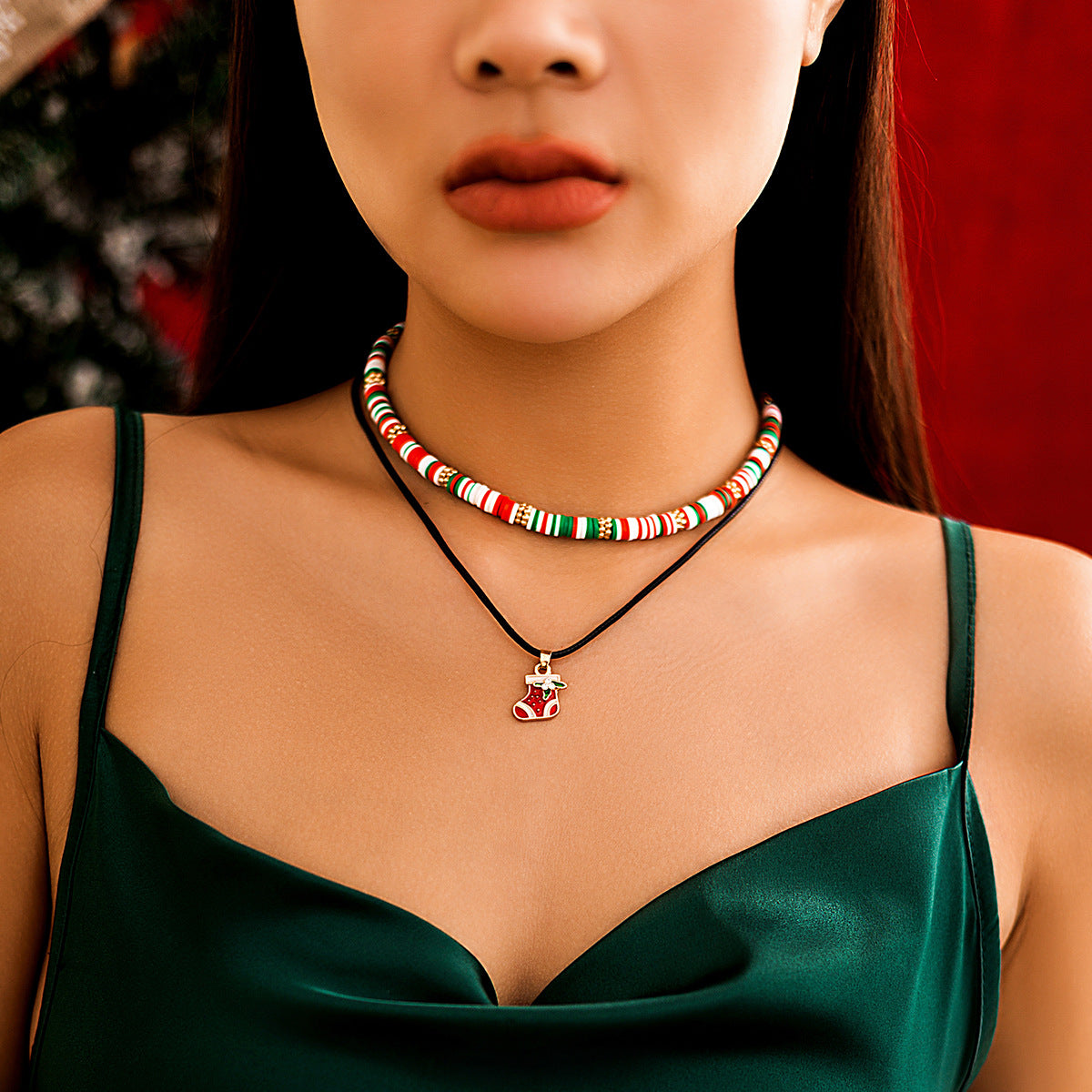 ☃️ Choker Set + Beaded Christmas Necklace With Santa Pendant (3pcs)