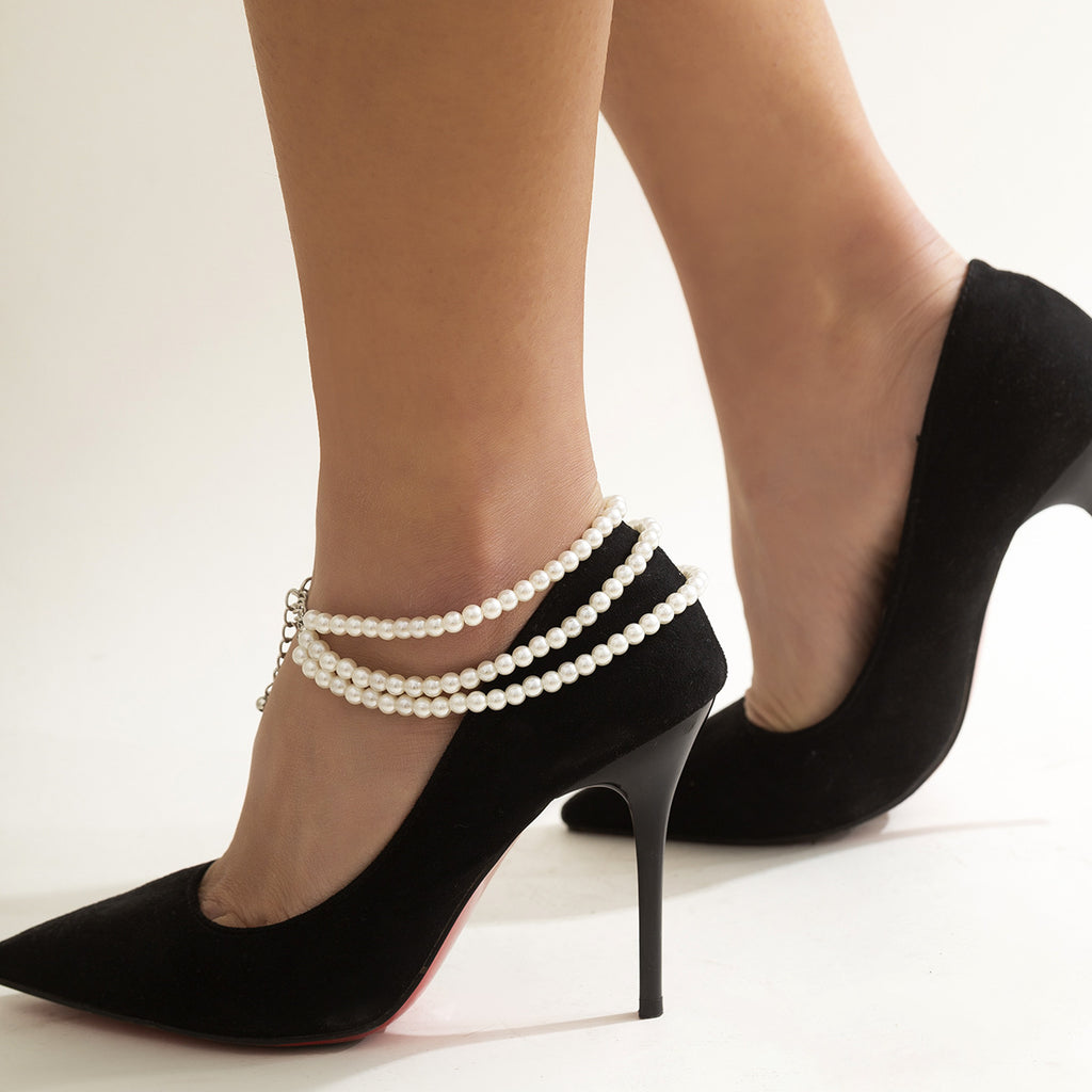🧵 Anklet + Multi-Layer Beaded Pearl Anklet With Geometric Fringe