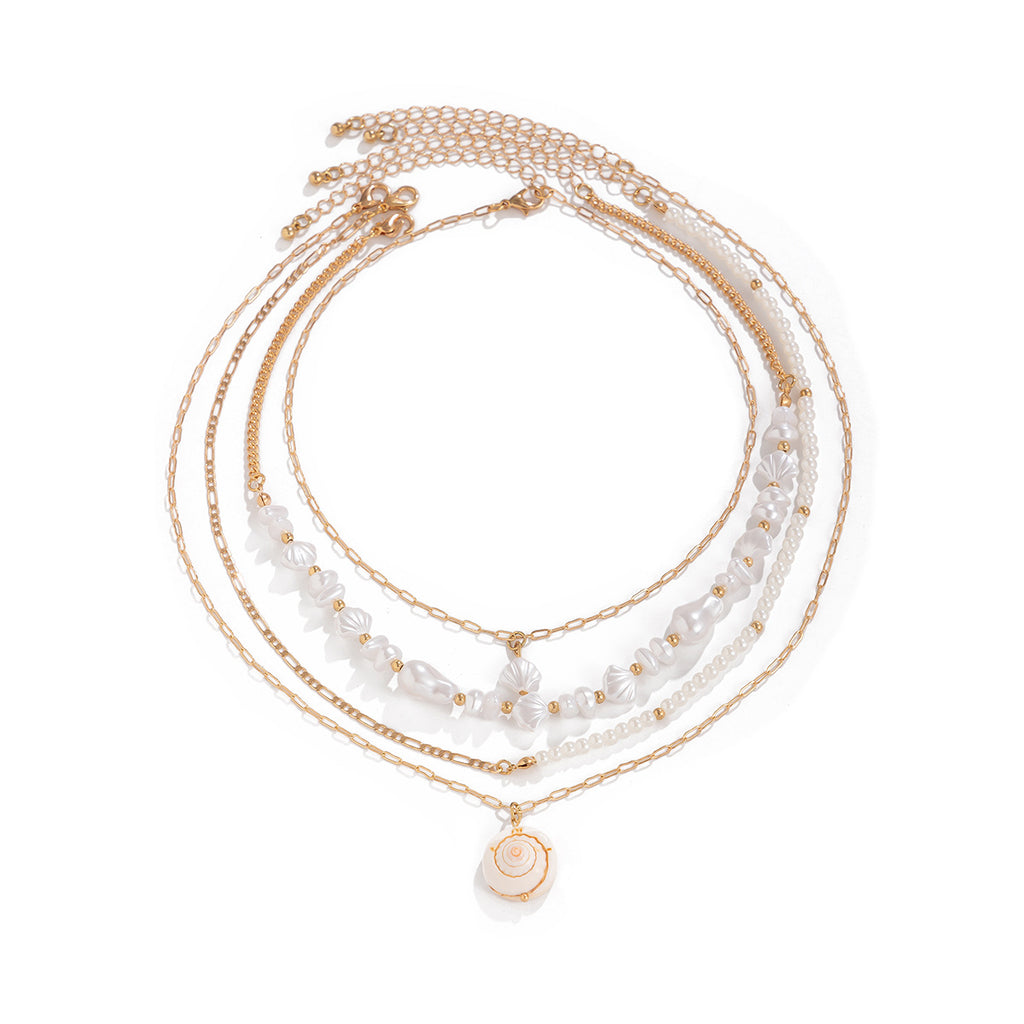 🌊 Necklace + Beaded Shell Pearl Necklace – Baroque Stone Accent