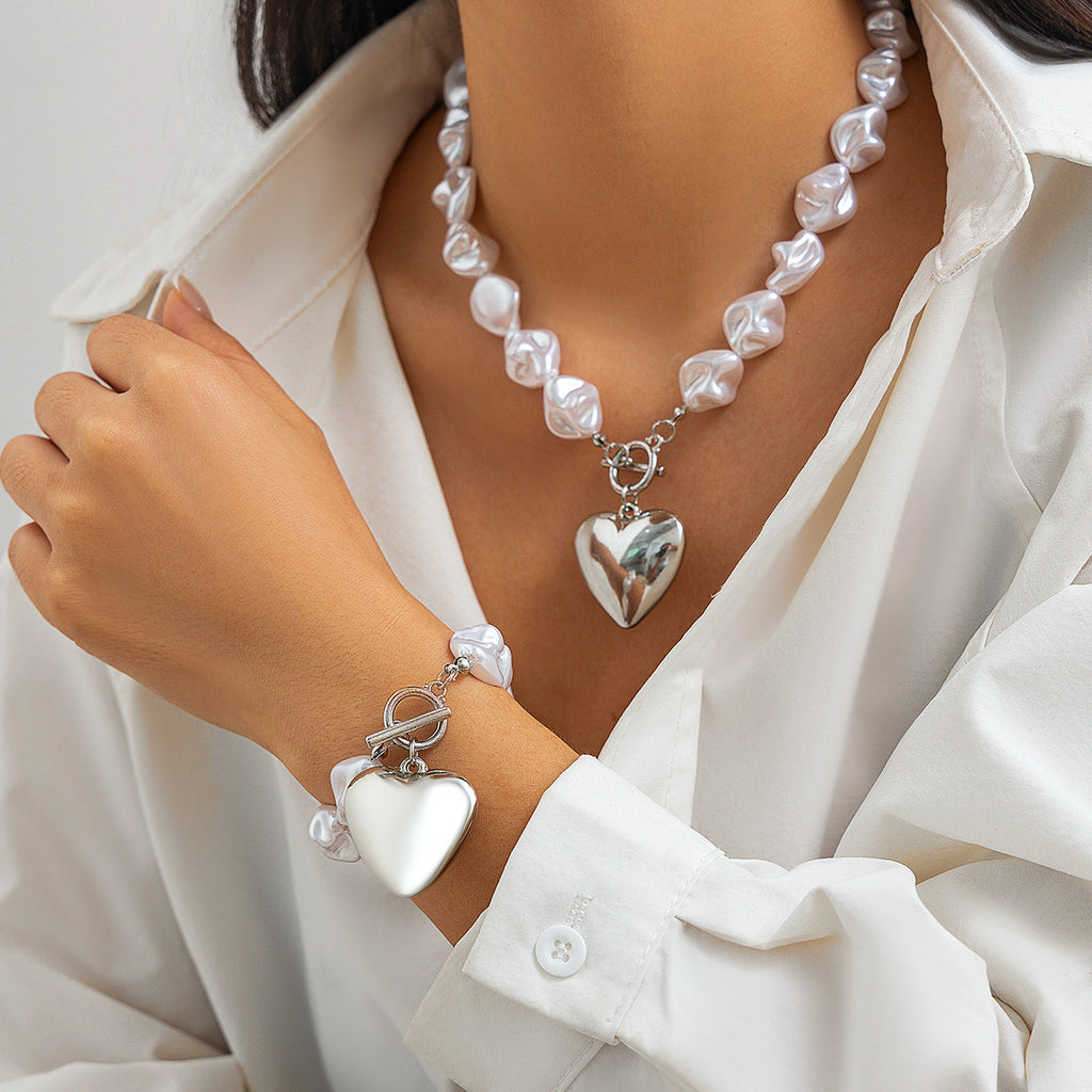 💘 Necklace Set + Hollow Heart Pearl Bead Layered Necklace
