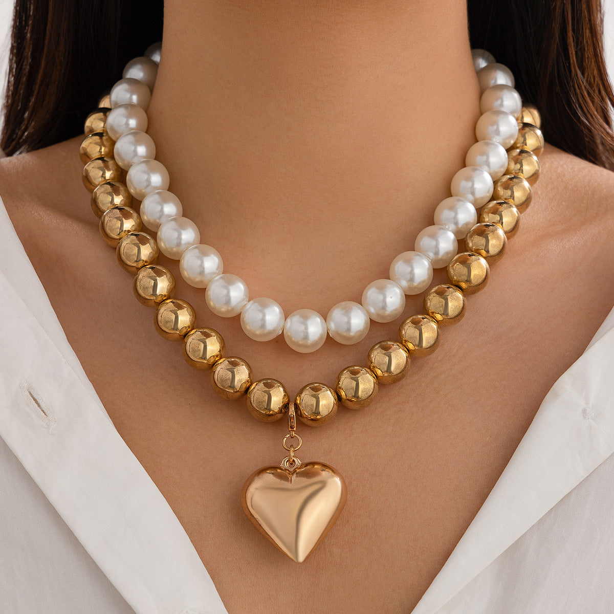 💝 Necklace + Heart Pearl Pendant With Beaded Layered Chain