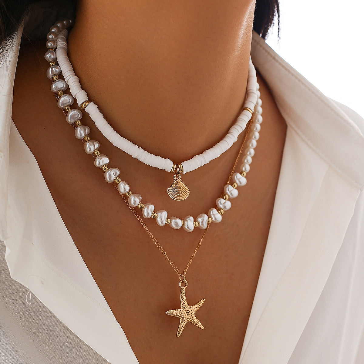 🌟 Necklace Set + Starfish Pearl Irregular Pendant Necklace – Ocean Layers