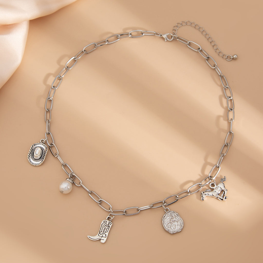 👢 Necklace + Cowboy Boot Charm & Pearl Necklace – Asymmetrical
