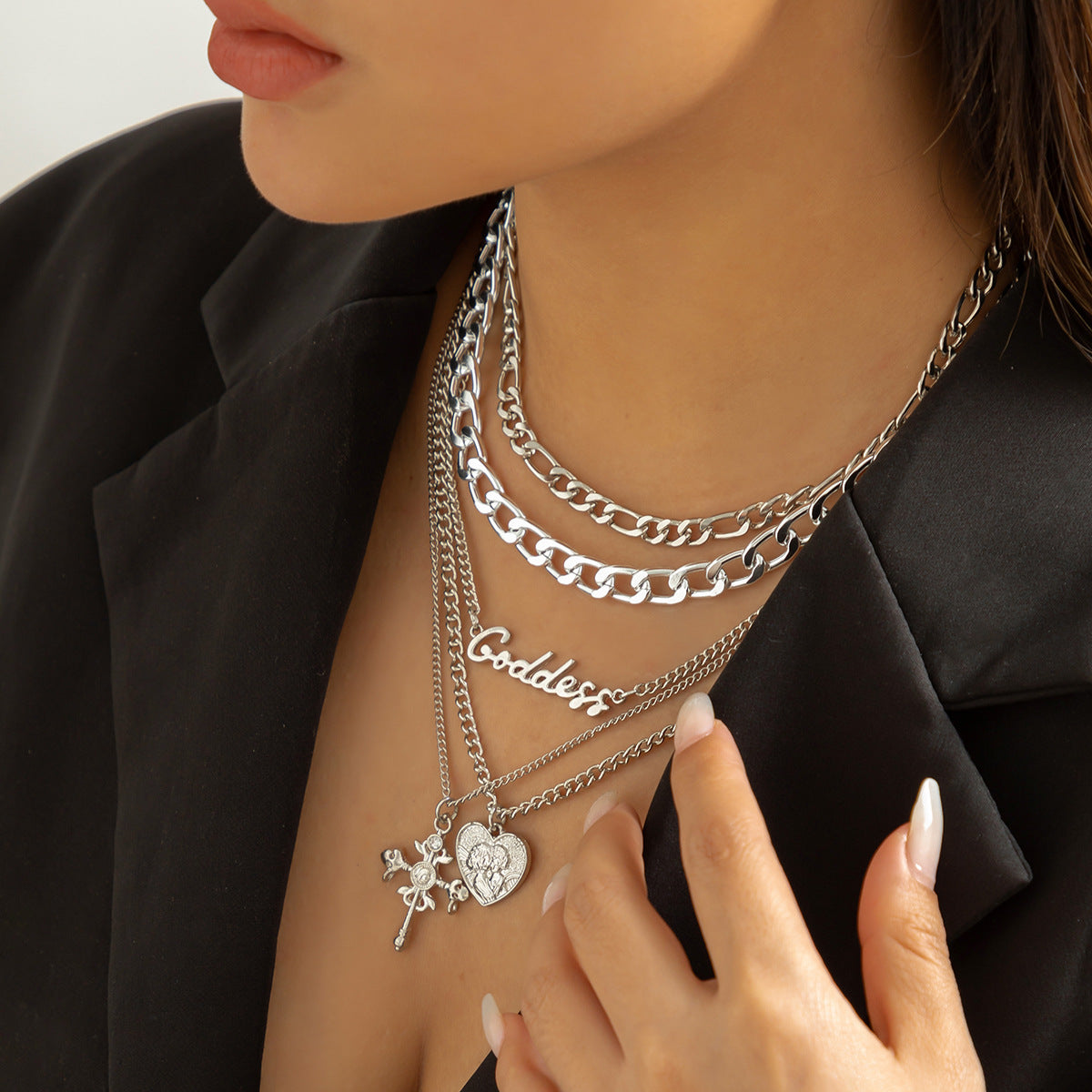 🧍 Necklace + Layered Cameo Cross Pendant – Gothic Letter Chain