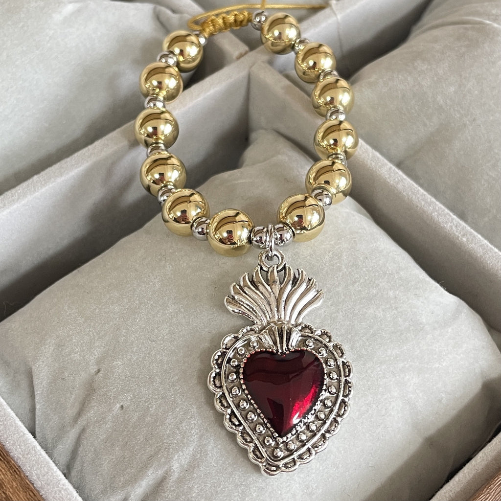 ❤️ Bracelet + Red Beaded Silver Enamel Heart Charm