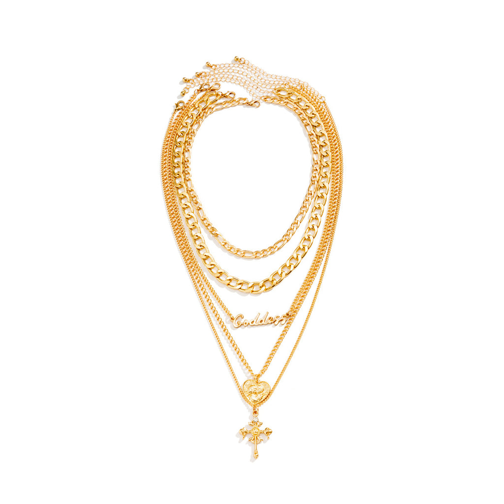 🧍 Necklace + Layered Cameo Cross Pendant – Gothic Letter Chain