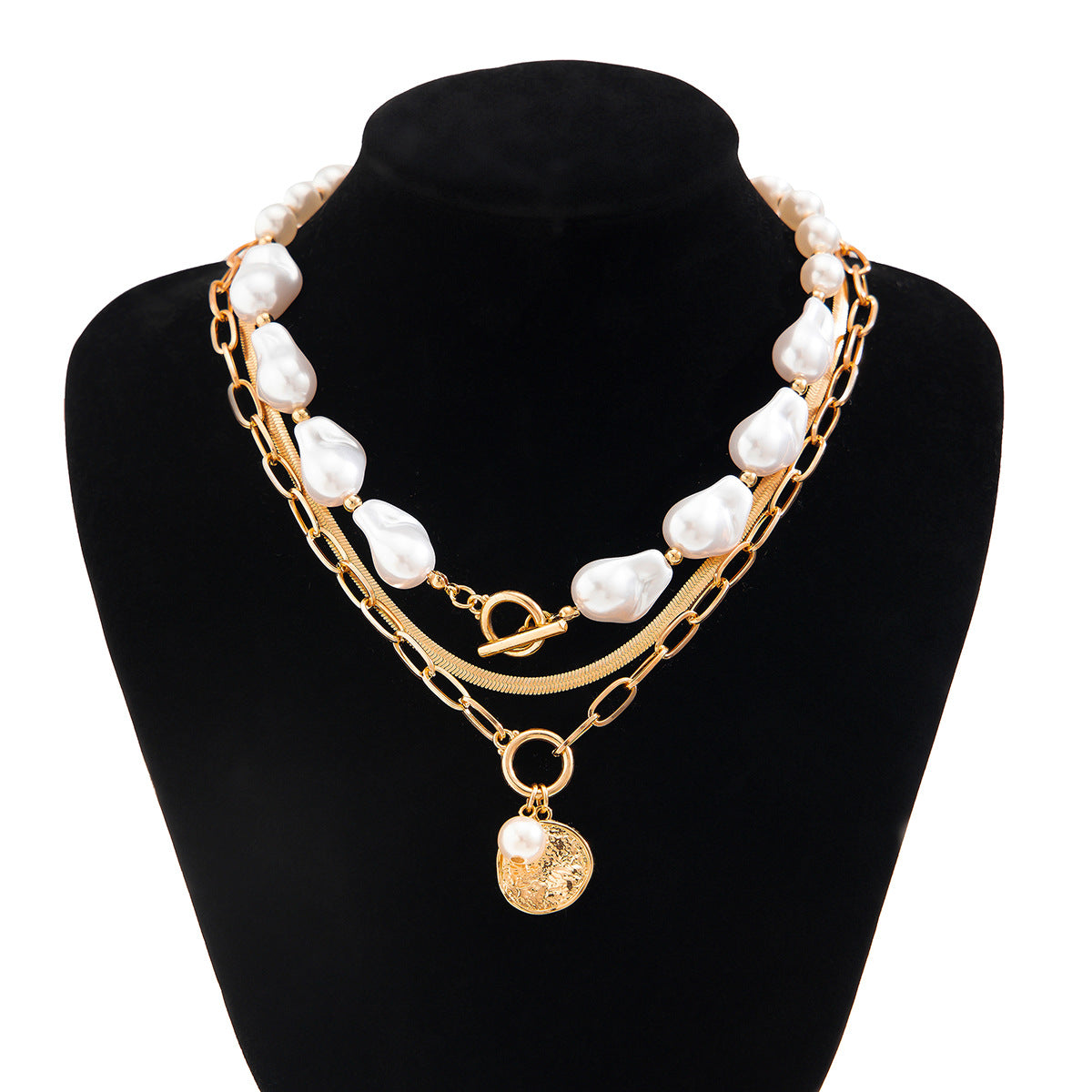 🧿 Necklace + Baroque Pearl With Round Metal Disc Pendant