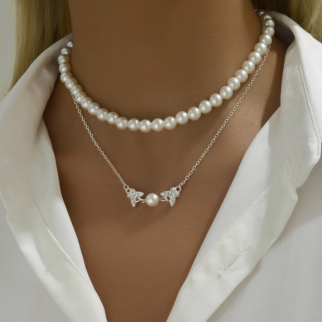 🦋 Necklace + Double-Layer Pearl Necklace With Rhinestone Butterfly Pendant