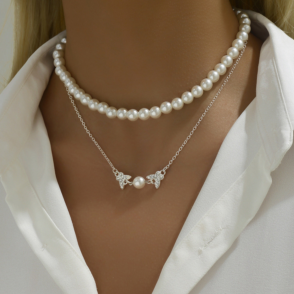 🦋 Necklace + Double-Layer Pearl Necklace With Rhinestone Butterfly Pendant