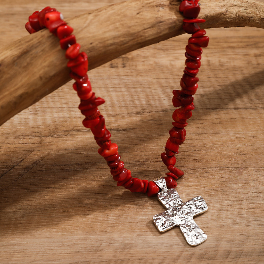 🌿 Necklace + Beaded Turquoise & Stone Cross Pendant Necklace