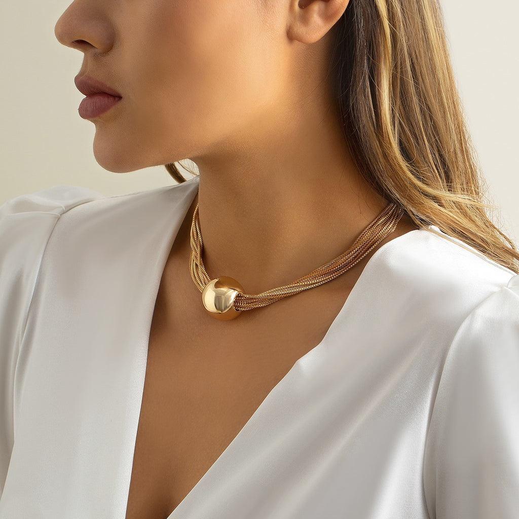 🧩 Choker + Multi-Layer Punk Chain Necklace – Geometric Round Beads