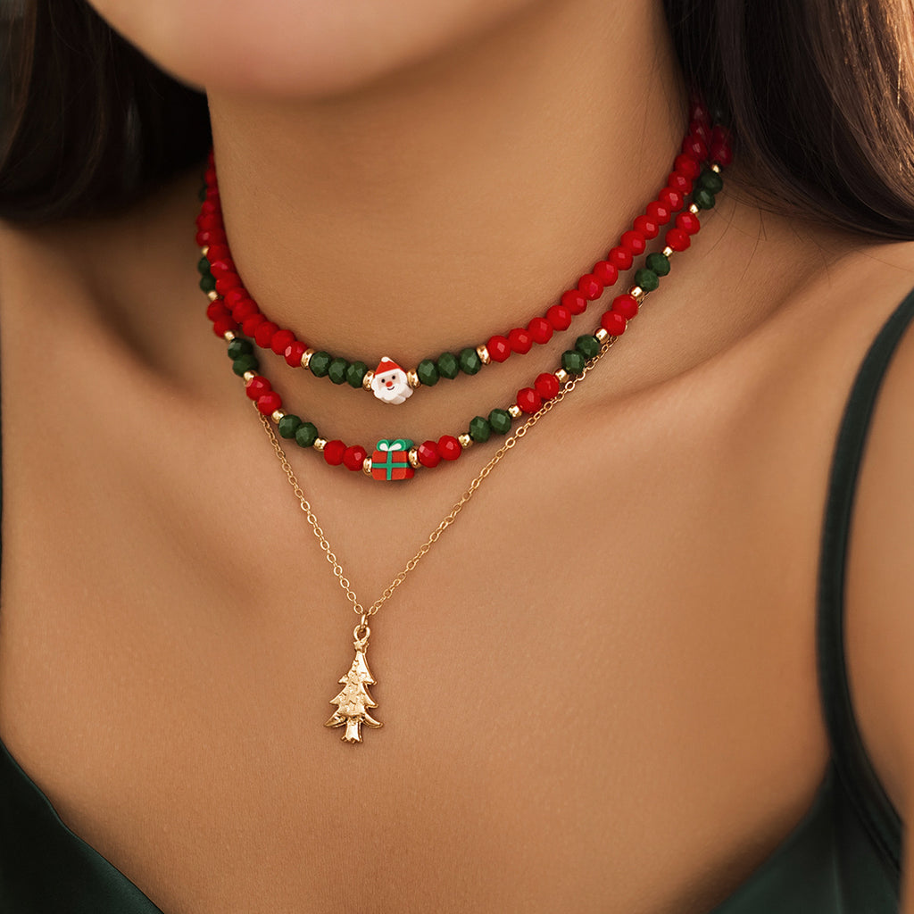 ☃️ Choker Set + Beaded Christmas Necklace With Santa Pendant (3pcs)