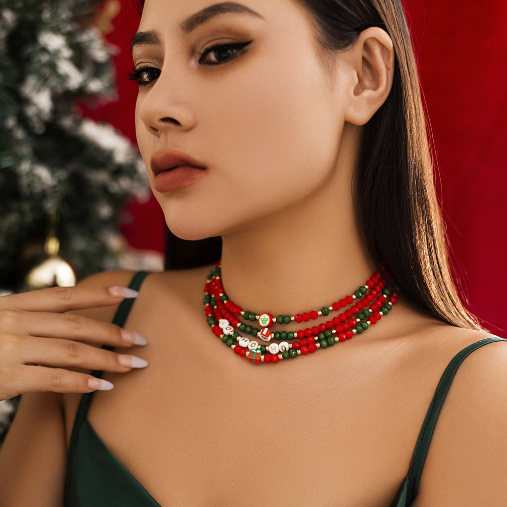 ☃️ Choker Set + Beaded Christmas Necklace With Santa Pendant (3pcs)