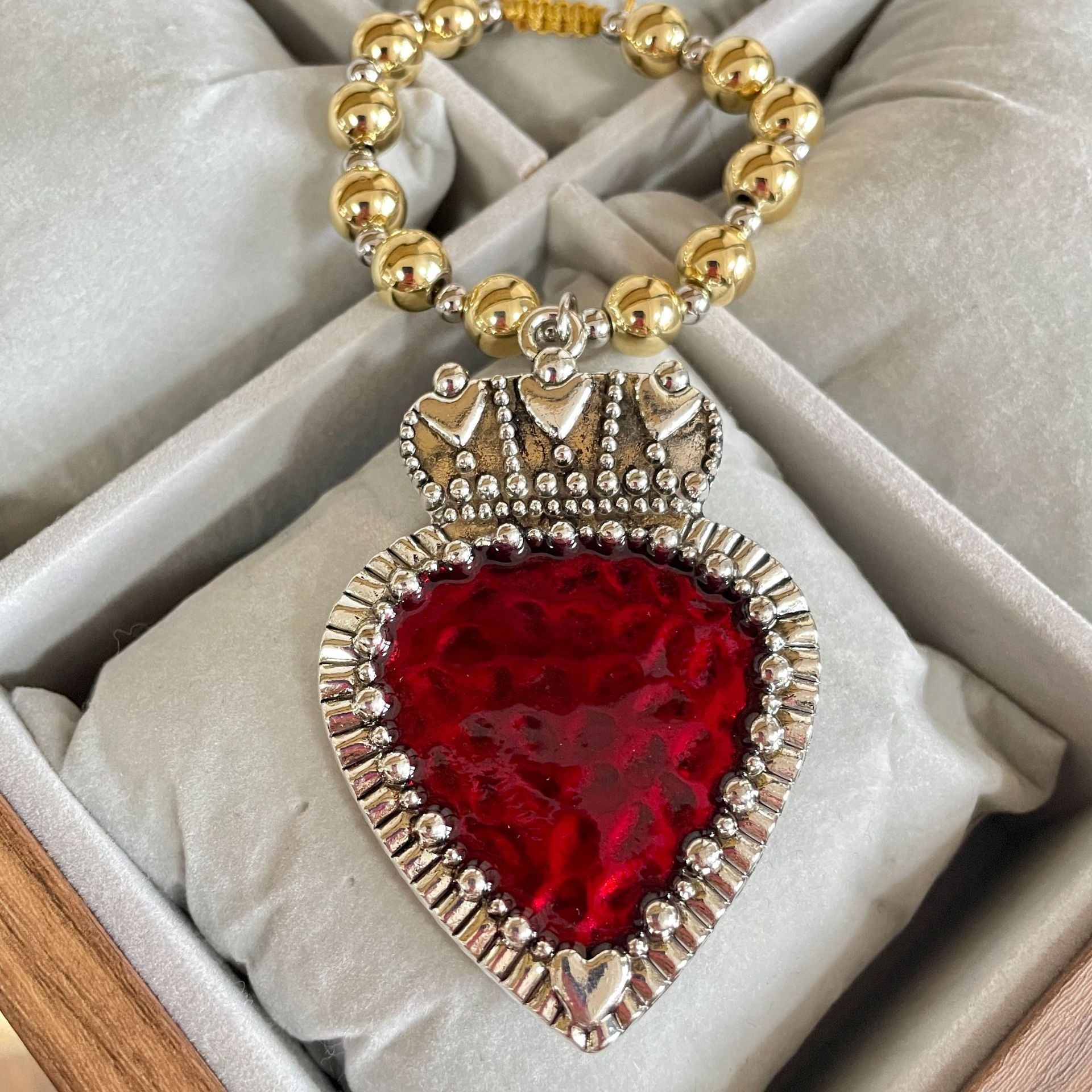 ❤️ Bracelet + Red Beaded Silver Enamel Heart Charm