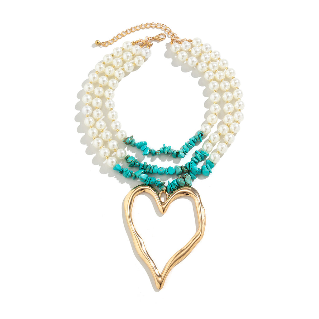 💖 Necklace + Pearl Bead Statement Necklace With Turquoise Heart