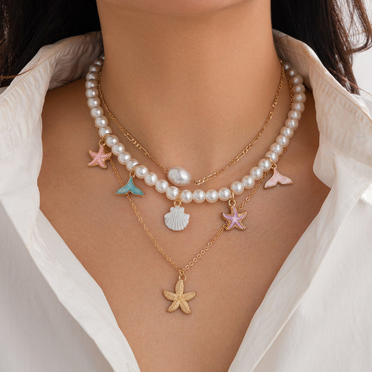 🌊 Necklace + Beaded Shell Pearl Necklace – Baroque Stone Accent