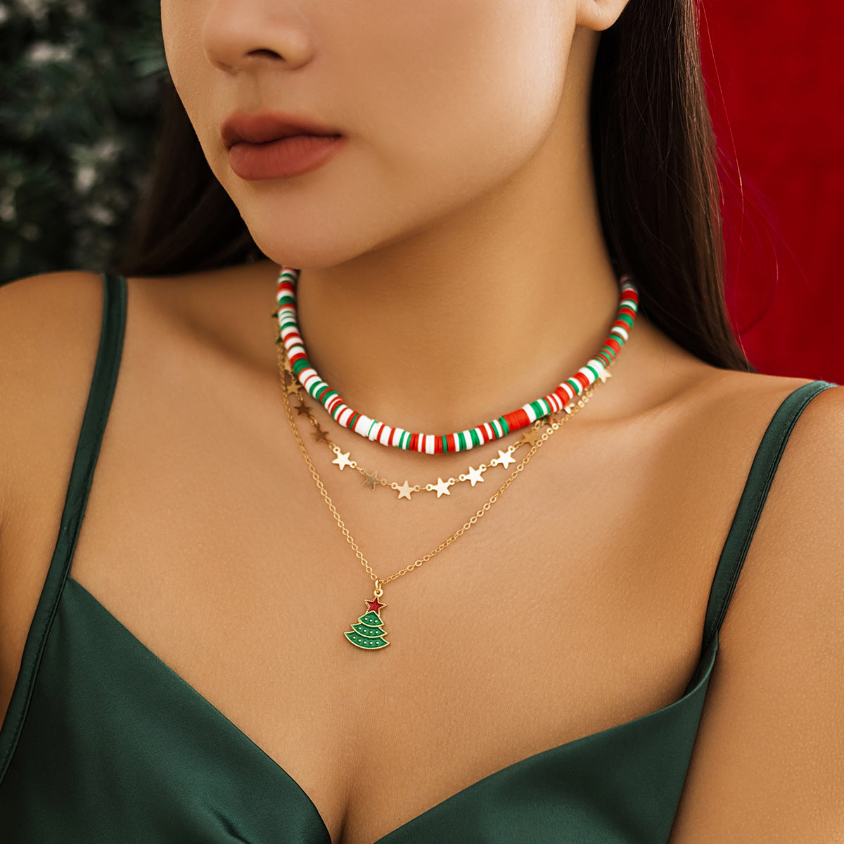 ☃️ Choker Set + Beaded Christmas Necklace With Santa Pendant (3pcs)