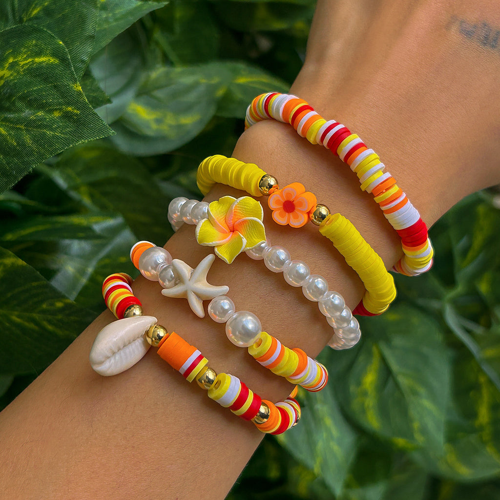 🐚 Bracelet Set + Starfish Shell Beaded Bracelet Duo – Ocean Floral Theme